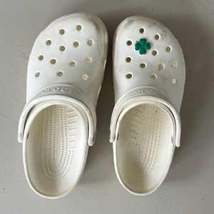 used white crocs with four leaf clover charm, size womens 9 mens 7